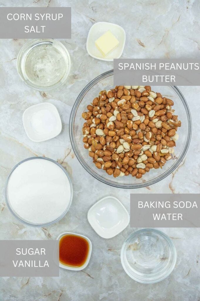 ingredients for gluten free peanut brittle in small bowls with a title above the ingredients. 