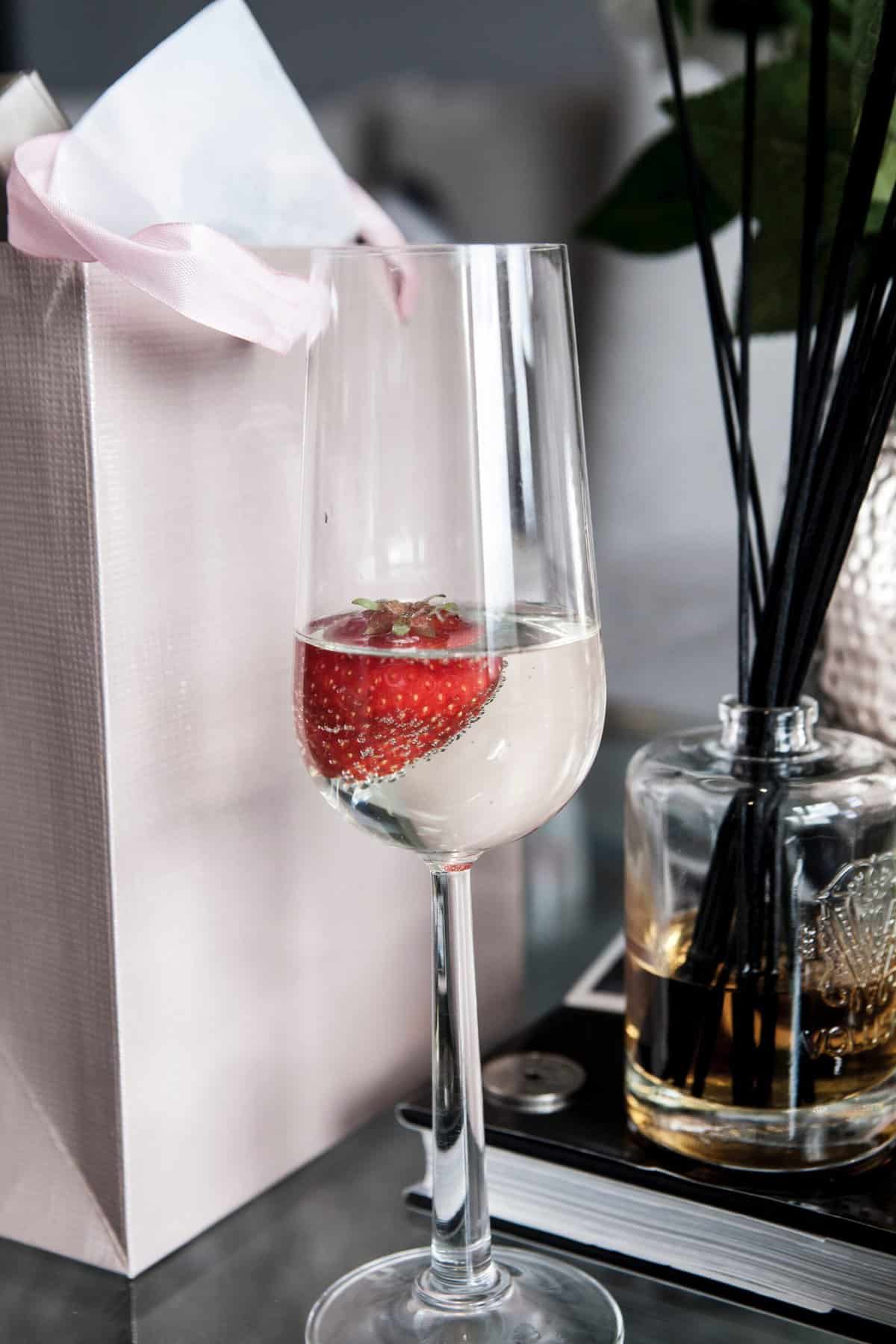 Non Alcoholic Champagne with strawberry in a glass