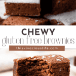 two gluten free brownies stacked on top of each other on a plate to show texture, one brownie with a bite taken out of it