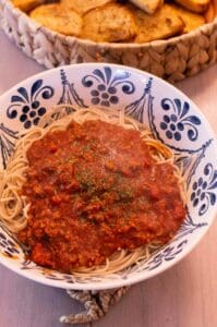 Gluten Free Spaghetti in a blue decorative bowl