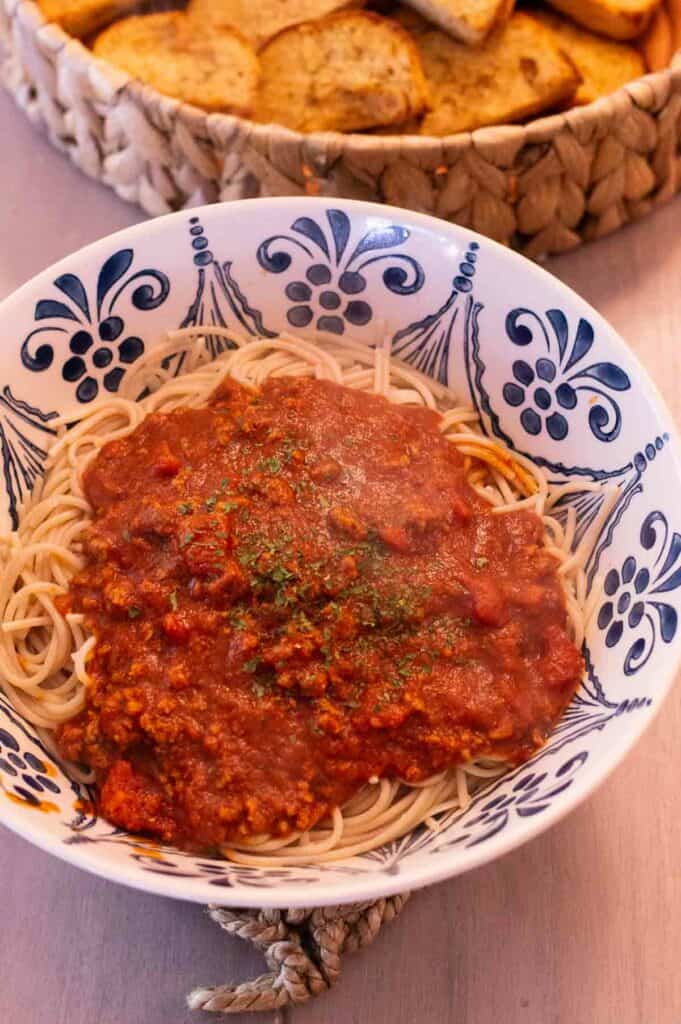 Gluten Free Spaghetti in a blue decorative bowl