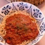 Gluten Free Spaghetti Sauce in a decorative blue bowl