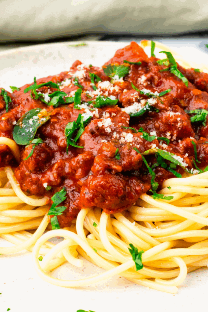Side image of gluten free spaghetti noodles on a white plate with red sauce and spices on top