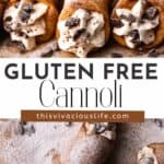 Gluten free cannoli filled with cream and sprinkled with chocolate pin