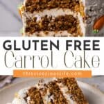 The BEST Gluten Free Carrot Cake on a cake stand with a slice cut out