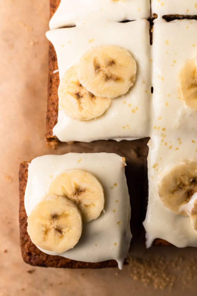Gluten Free Banana Cake sliced on a tray