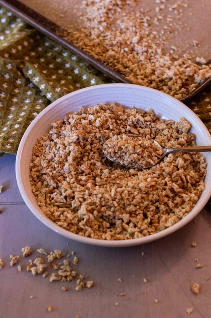 Gluten Free Breadcrumbs in a dish with a spoon