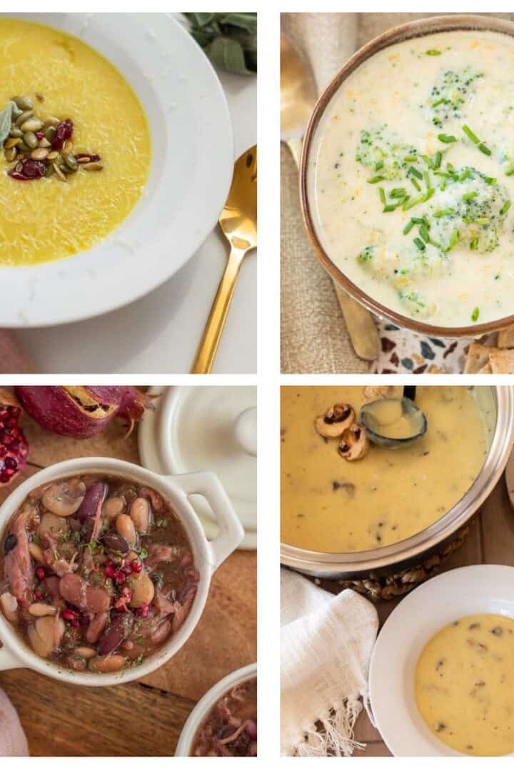Gluten Free Soup Recipes collage, in white bowls or with beans