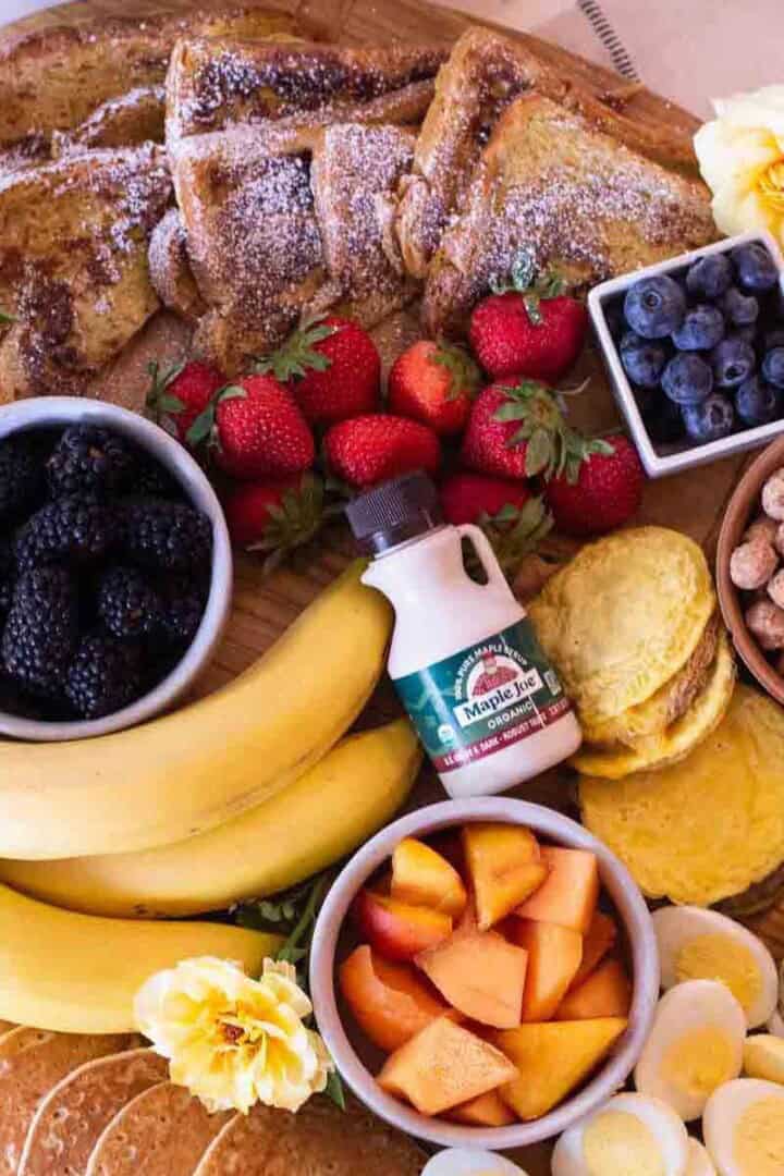 Breakfast Charcuterie Board with pancakes, French toast, fruit and more