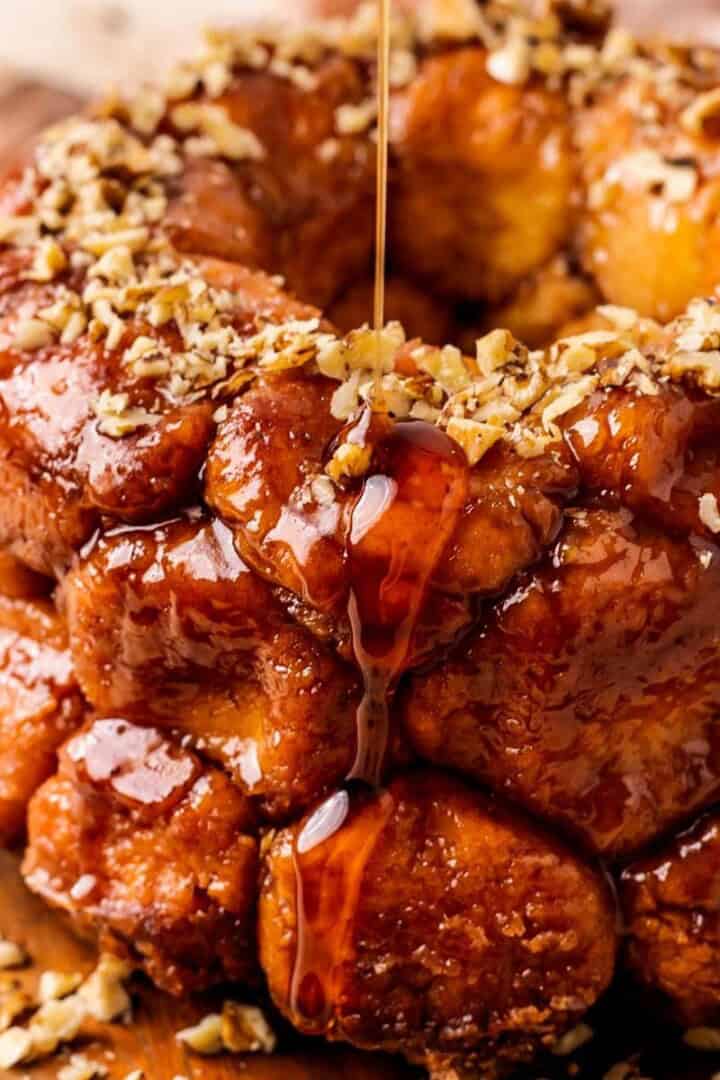 gluten free monkey bread with syrup drizzling