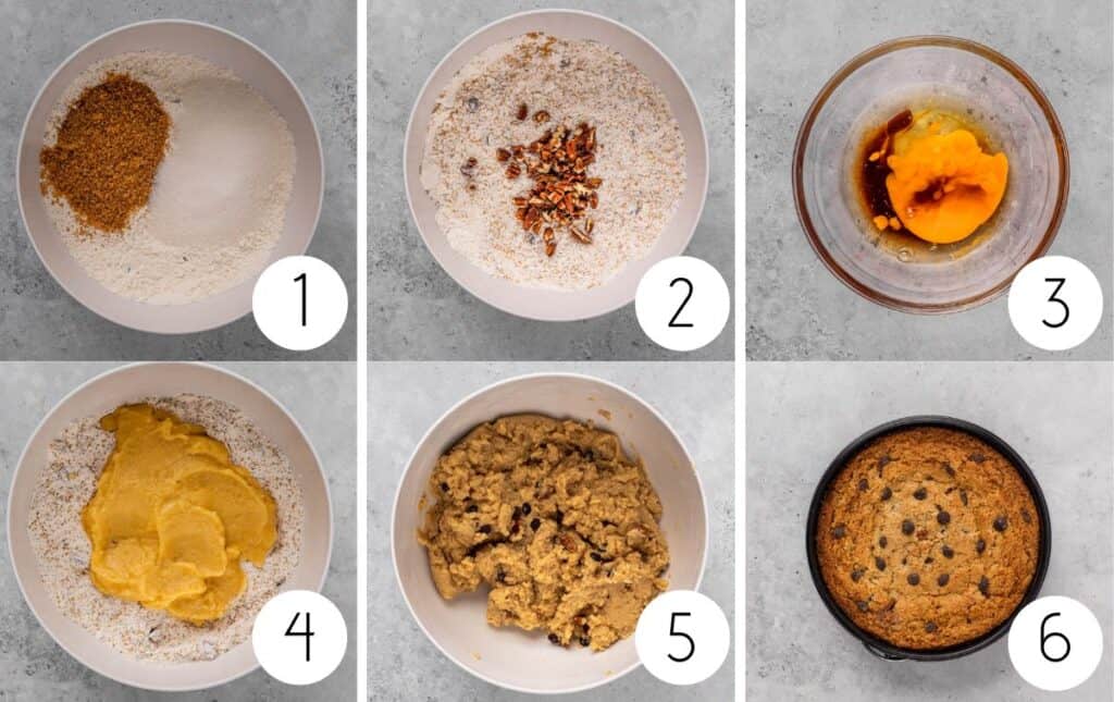 Images that show how to make a gluten free cookie cake including mixing dry ingredients in a white bowl, mixing wet ingredients in a clear bowl, combining wet and dry ingredients, combining into a dough, and the final image of the baked cake.