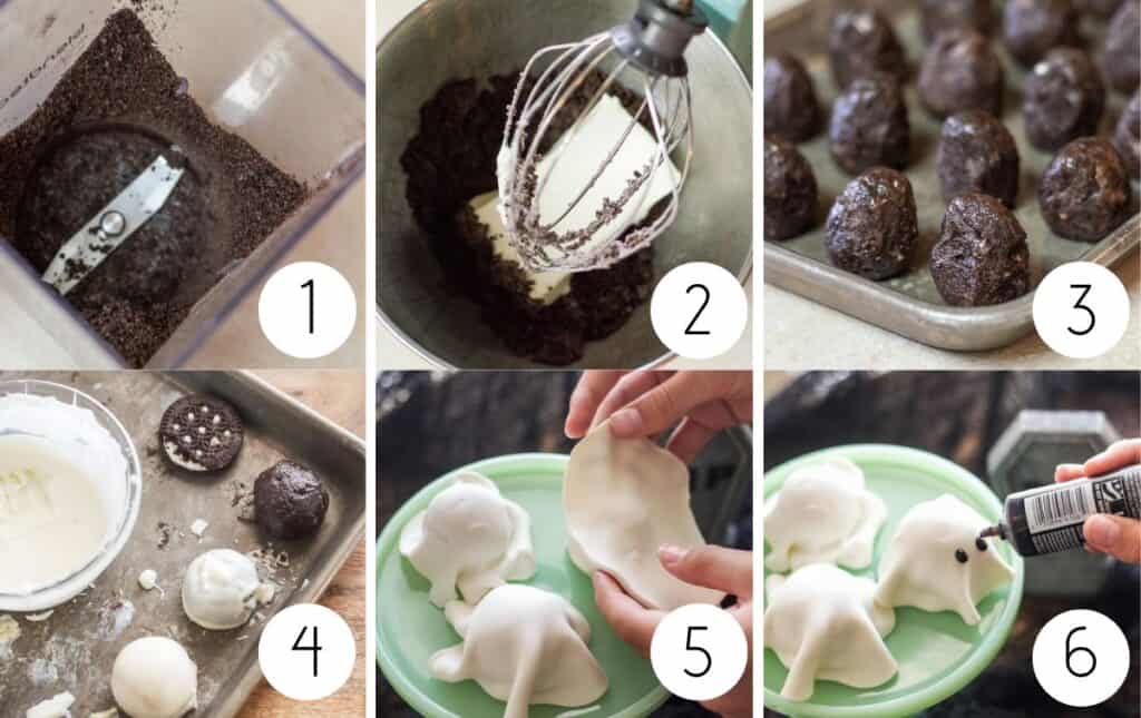 Six pictures numbered 1-6. First picture is cookie crumbs in a blender. Second picture is cookie crumbs with cream cheese in a stand mixer with a whisk. Third picture is cooke crumbs and cream cheese rolled into balls on a cookie sheet. Fourth picture is this same balls dipped in white almond bark. Fifth picture is draping circles of fondant over the almond bark balls. Sixth is putting eyes on the fondant covered balls to make them look like ghosts.