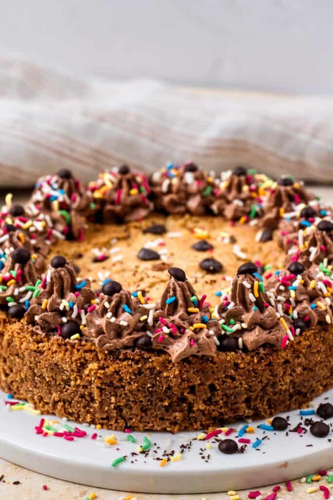 Side view of a gluten free cookie cake topped with chocolate buttercream on the outside, sprinkles and chocolate chips, sitting on a white plate, and surrounded by more sprinkles.