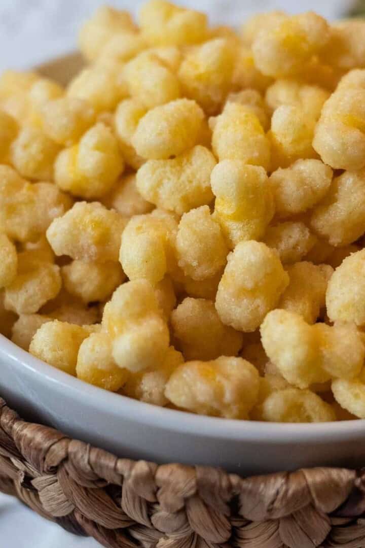 sugared Corn Pops in a white bowl