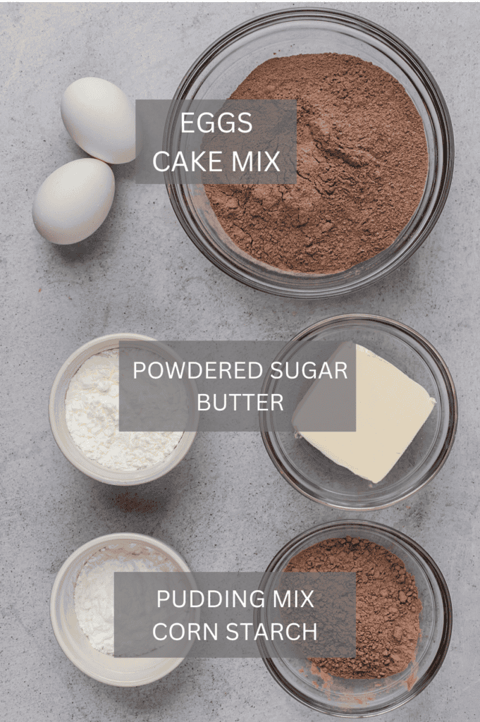Ingredients for chocolate gluten free crinkle cookies in small bowls from a top down view with ingredient labels. 