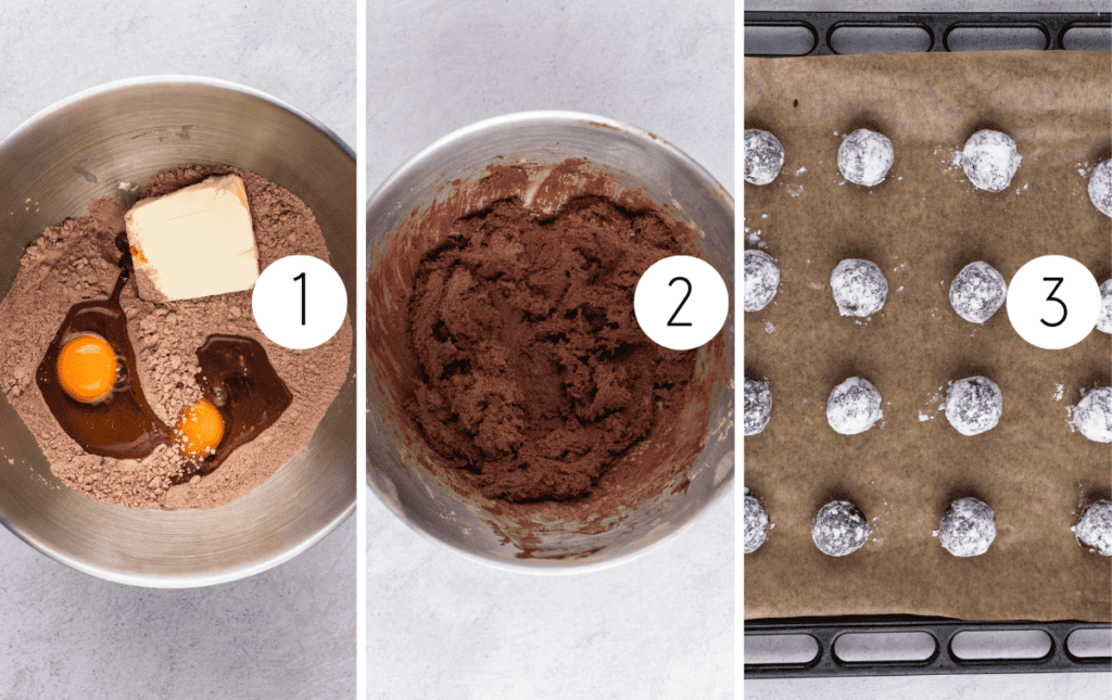 Step by step instructions of how to make gluten free chocolate crinkle cookies