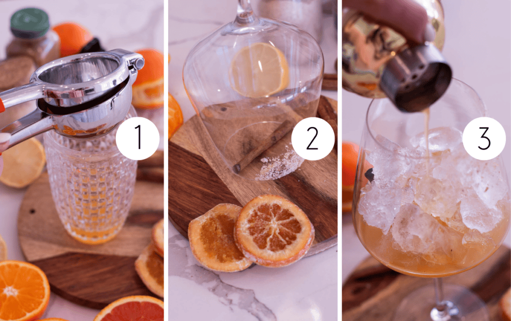 Three step-by-step images to make an orange mocktail, including squeezing oranges, sugaring the rim of the glass, and pouring the drink in a glass filled with ice.