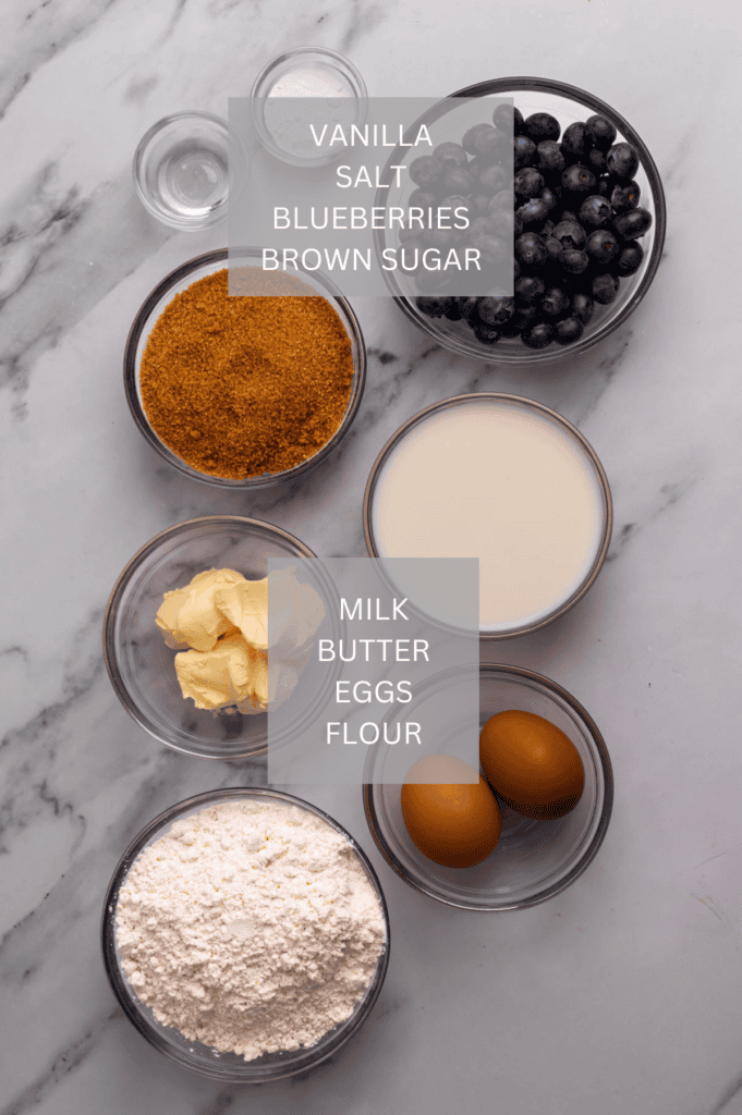ingredients for blueberry muffins in glass bowls on a grey counter with title over each ingredient