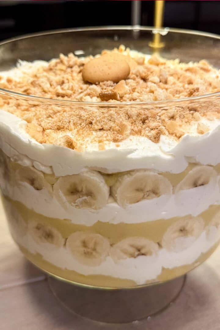 No Bake Gluten Free Banana Pudding in a trifle dish on the table