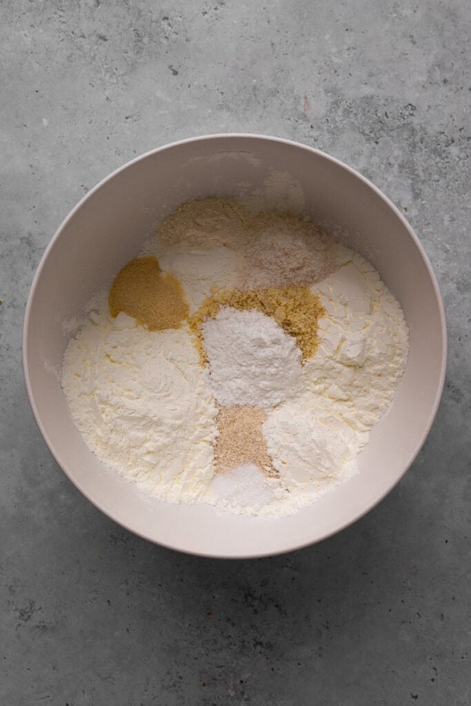 Gluten free cheddar biscuits dry ingredients in a bowl