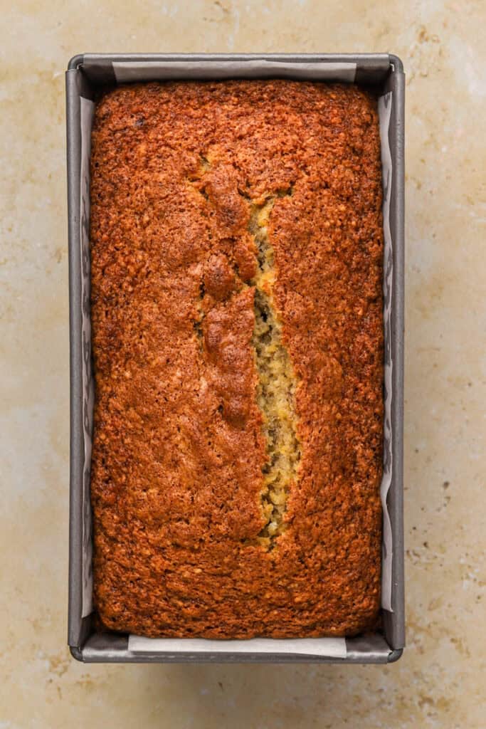 Gluten free banana bread in a pan baked