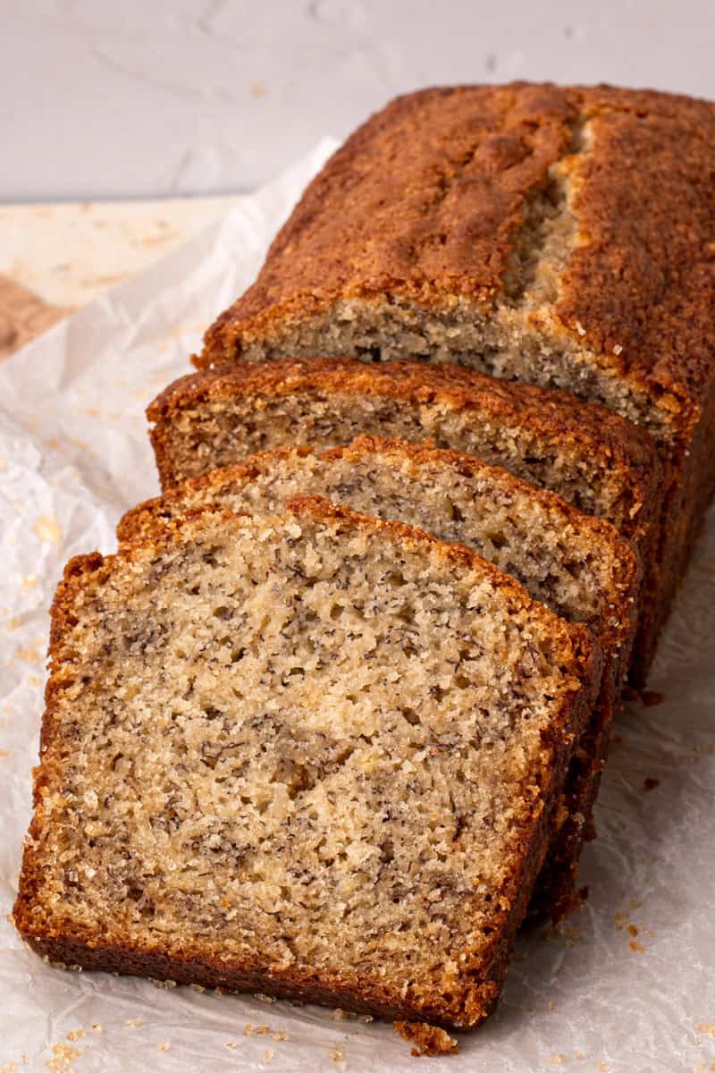 Gluten free banana bread slices stacked