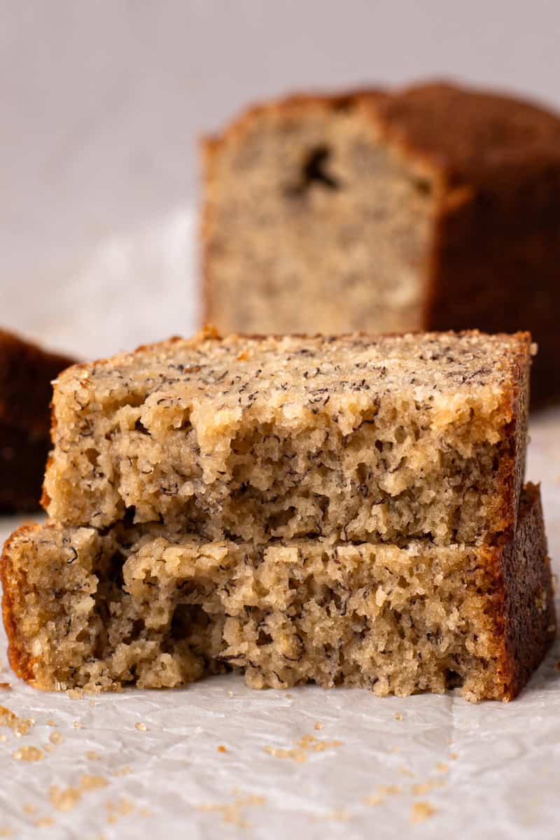Gluten free banana bread slices stacked