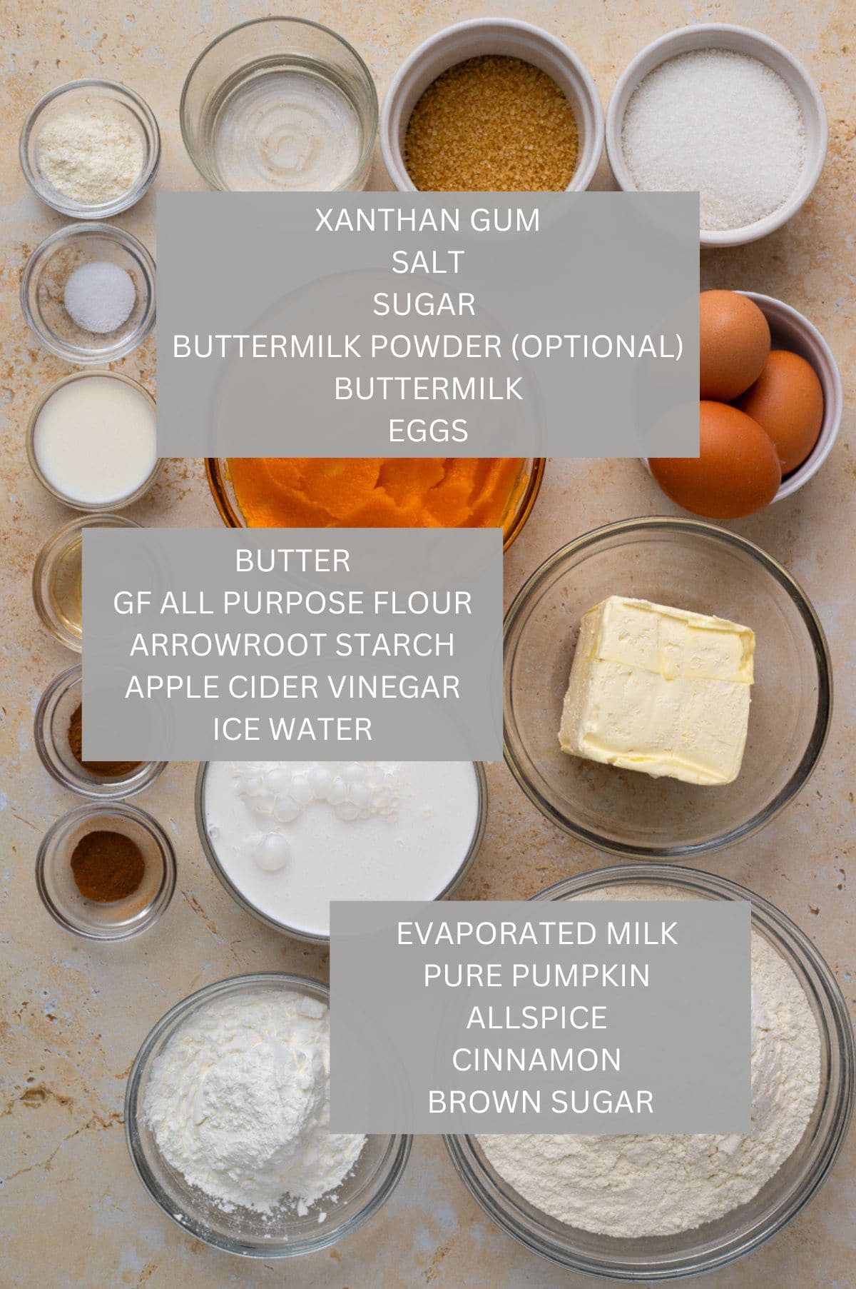 Grandma's Gluten Free Pumpkin Pie Ingredients labeled on photo