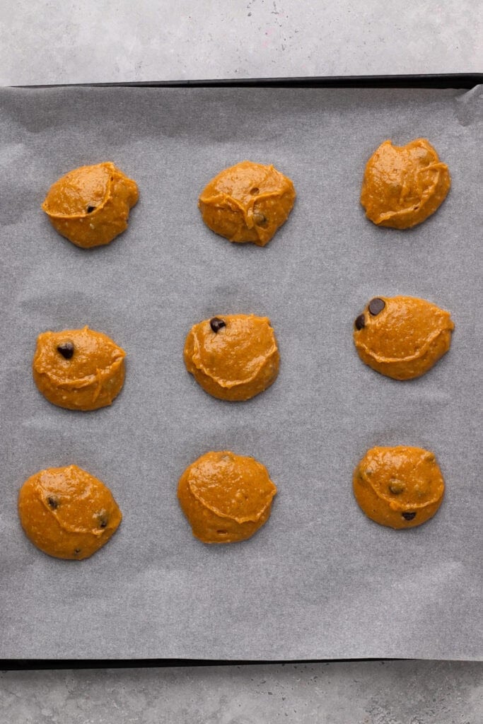 Soft Gluten Free Pumpkin Cookies with Chocolate Chips one a tray unbaked