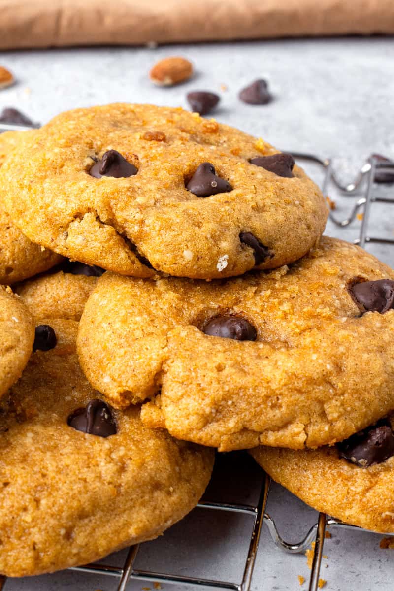 Soft Gluten Free Pumpkin Cookies with Chocolate Chips stacked on top of each other