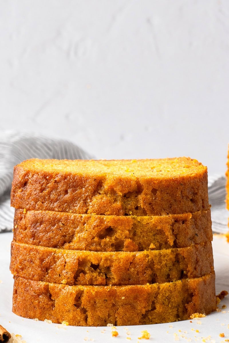 Super Soft Gluten Free Pumpkin Bread stacked and showing the inside texture