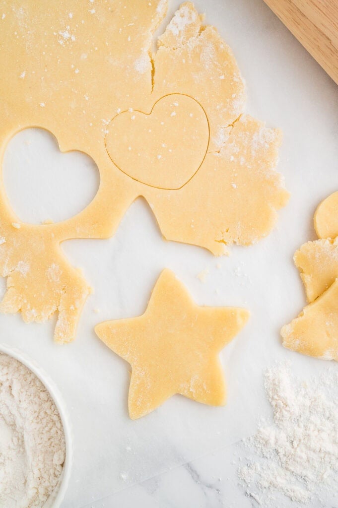Soft Gluten Free Sugar Cookies rolled out and cut but not baked