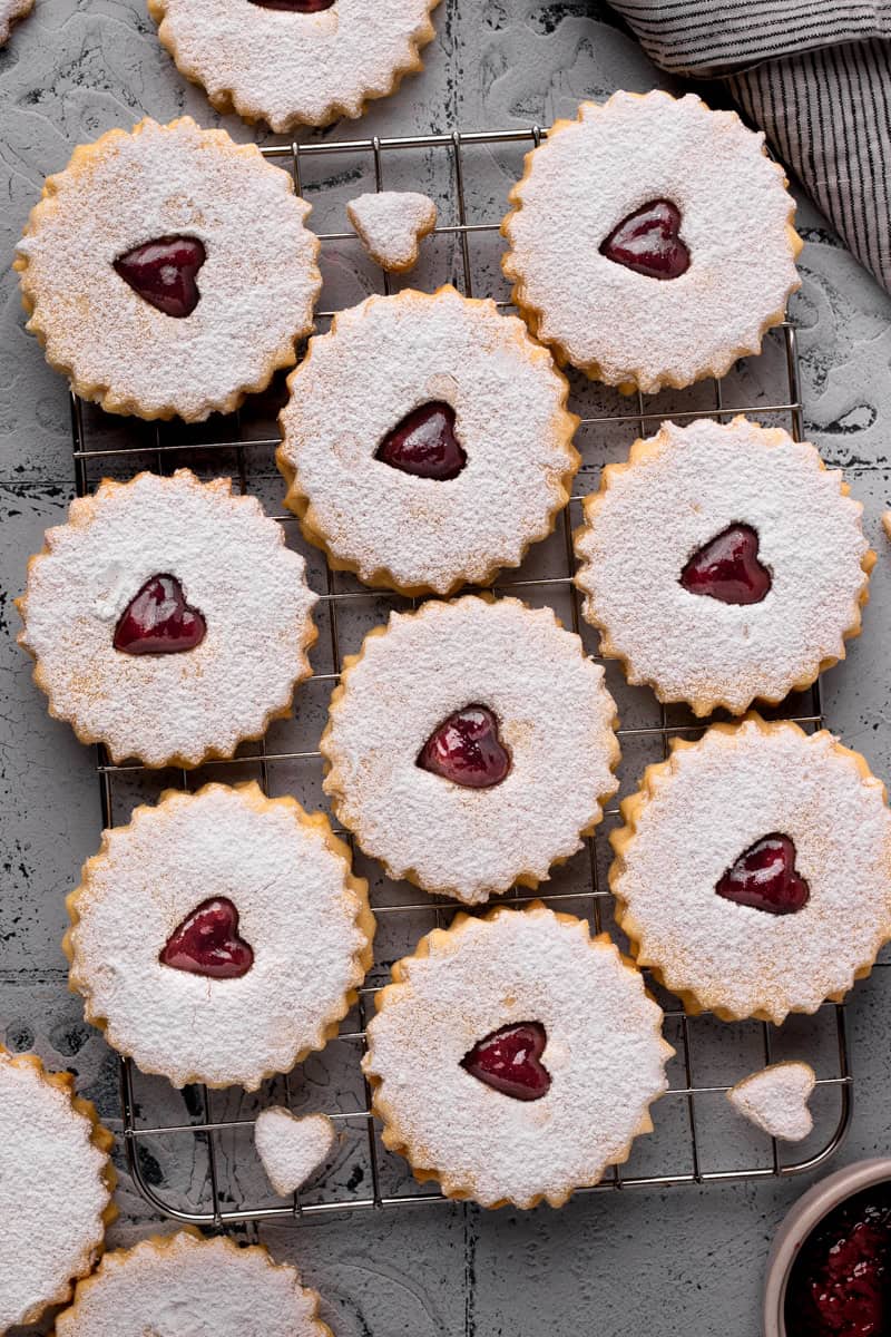 Easy Gluten Free Linzer Cookies on a wire baking rack