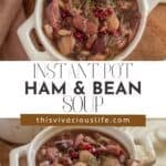 Instant pot ham and bean soup in a cream crock with pomegranate seeds