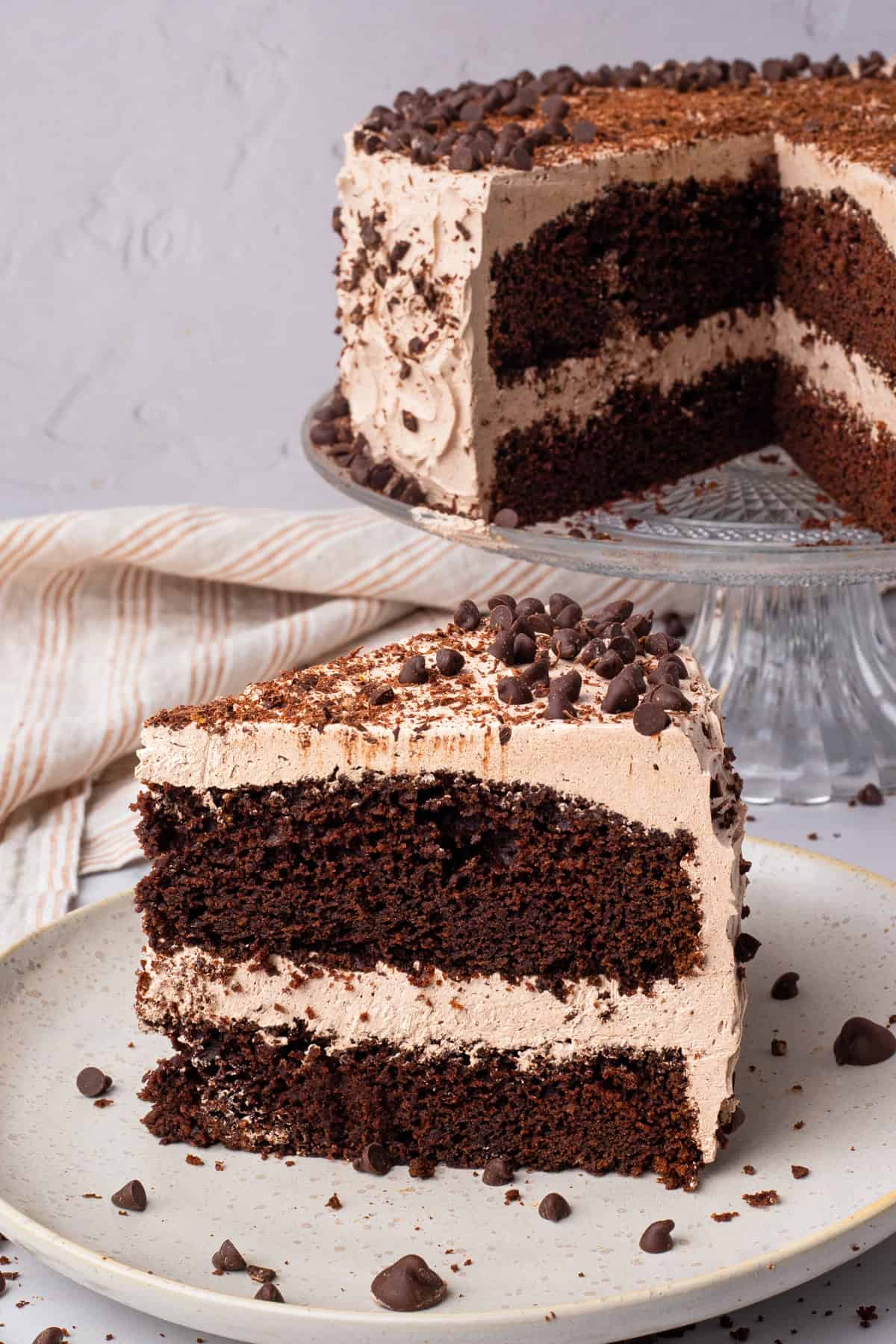The BEST Gluten Free Chocolate Cake slice cut out, frosted and on a plate with the whole cake in the background.