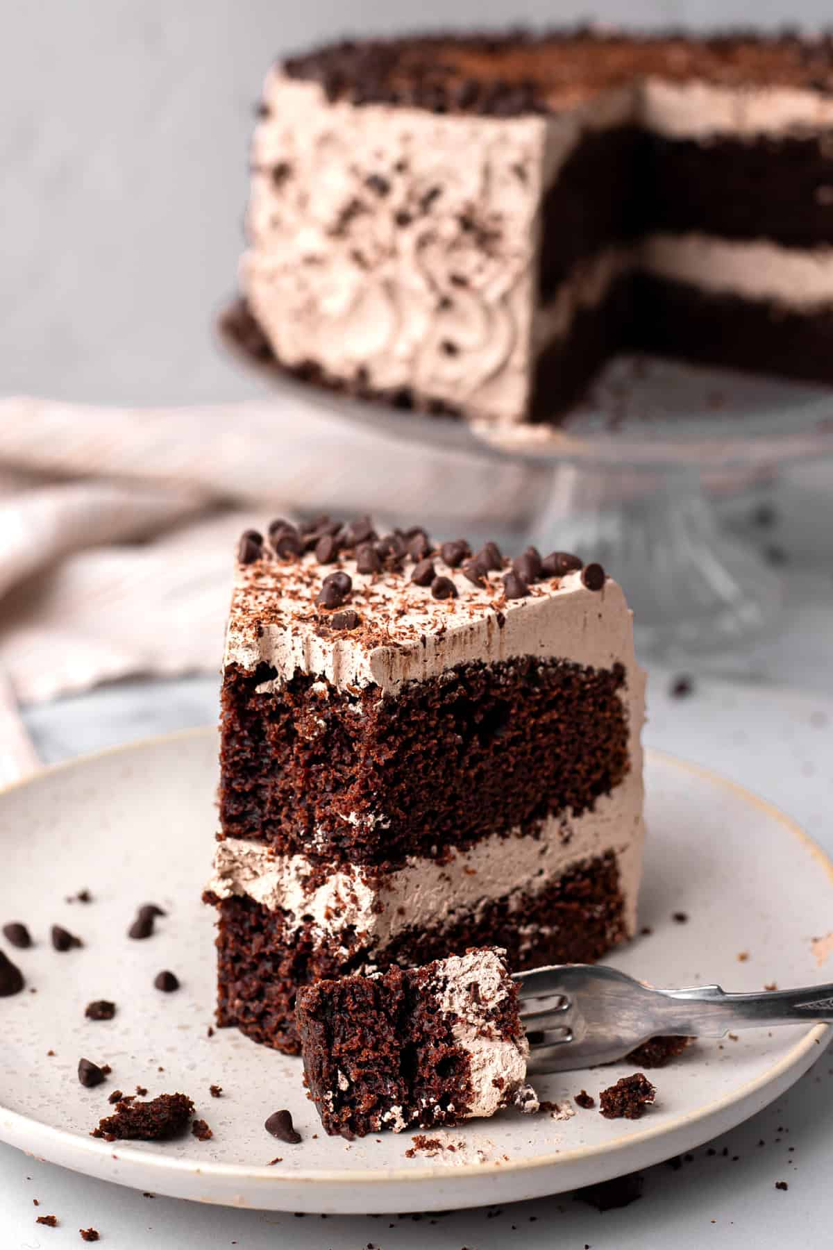 The BEST Gluten Free Chocolate Cake slice cut out, frosted and on a plate with the whole cake in the background.