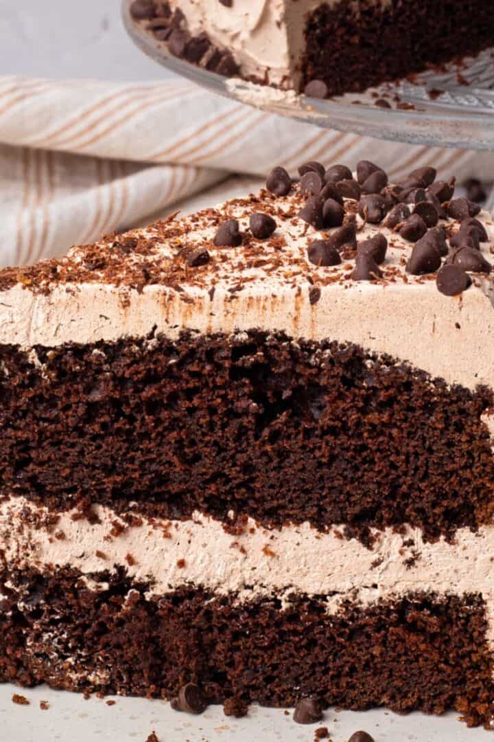 The BEST Gluten Free Chocolate Cake slice cut out, frosted and on a plate with the whole cake in the background.