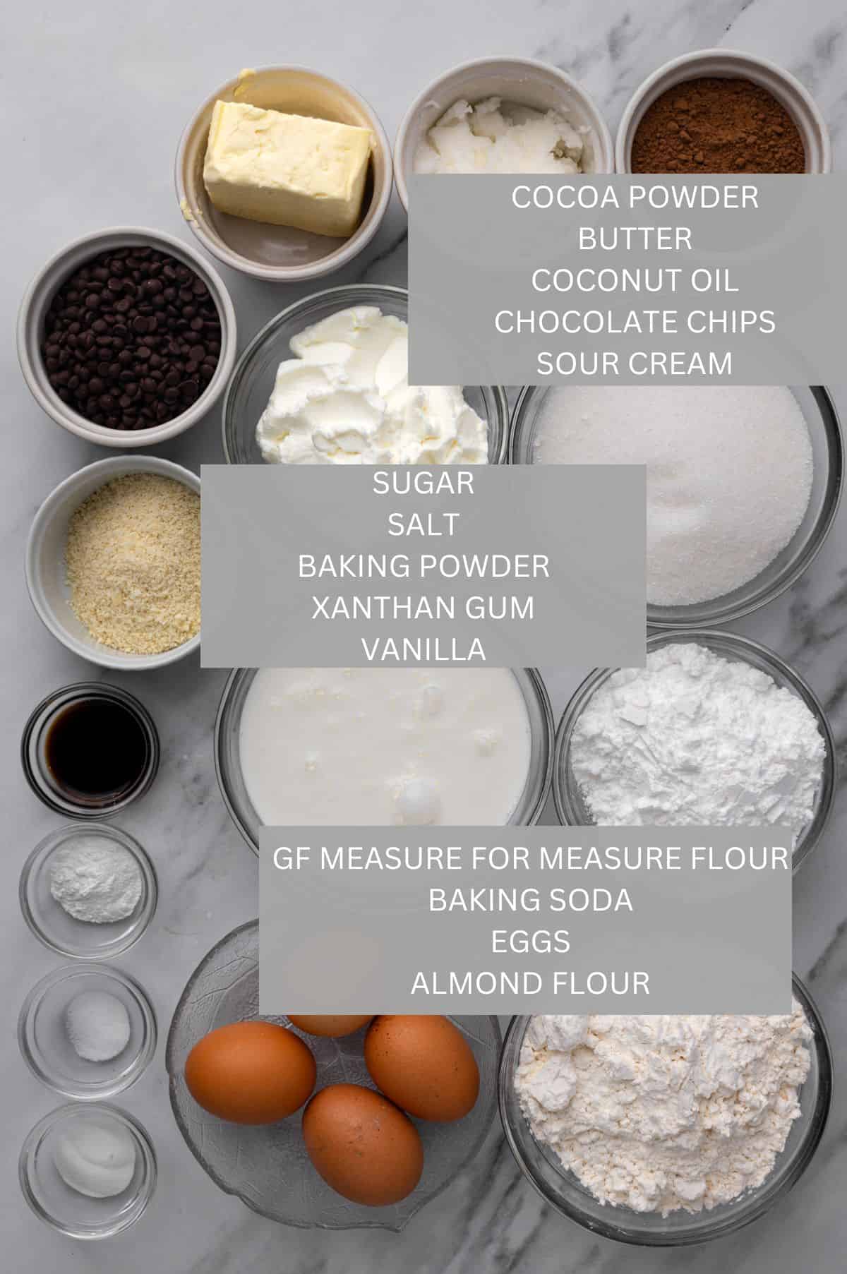 The BEST Gluten Free Chocolate Cake (Fluffy & Rich) Ingredients in bowls