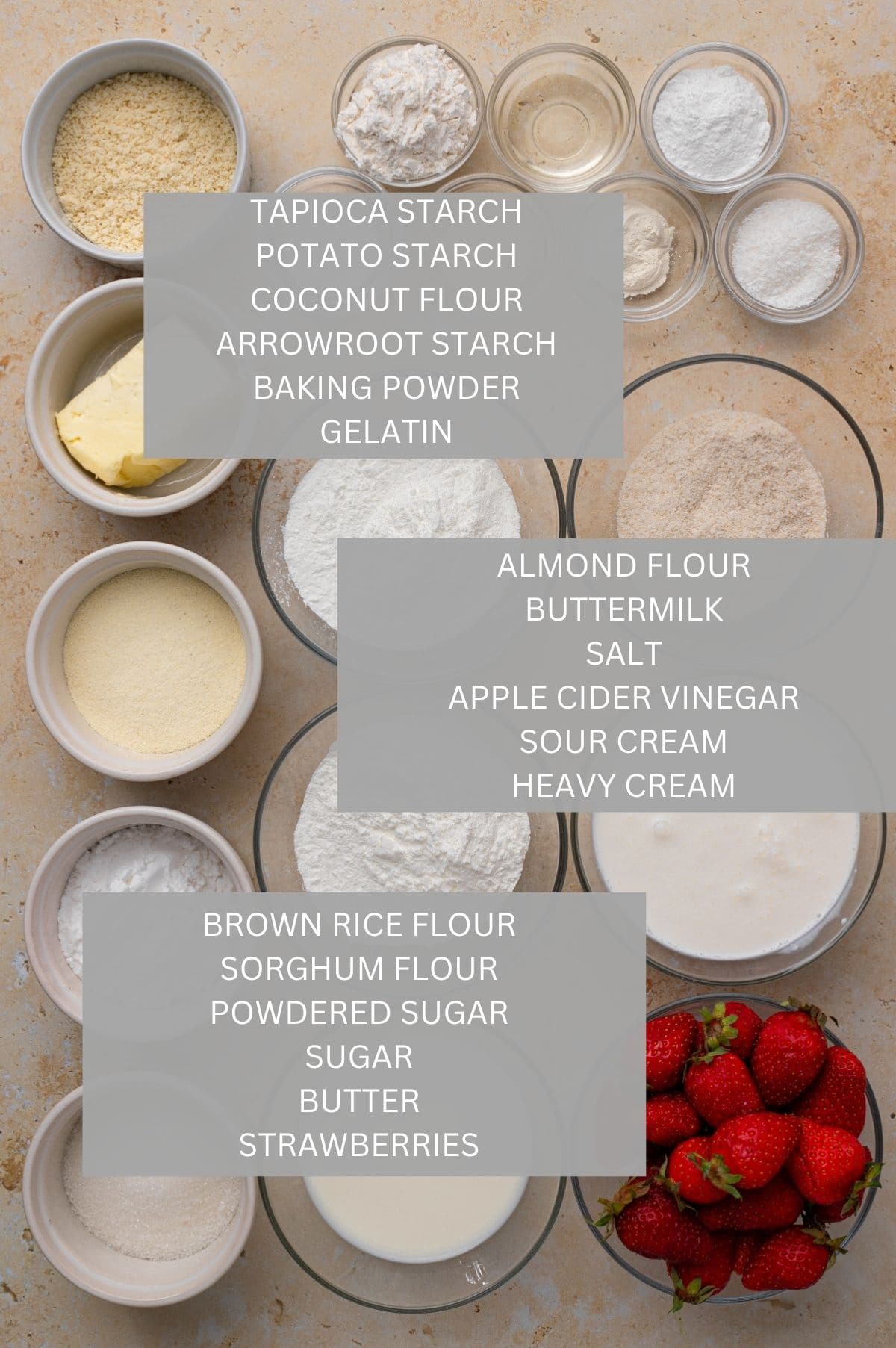 gluten free strawberry shortcakes ingredients with a label over the photo with ingredients