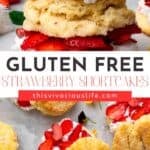 many gluten free strawberry shortcakes with whipped cream and fresh sliced strawberries and one stacked